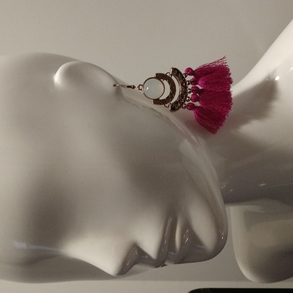 None Jewelry - Moonstone Fuchsia Tassel 3.5" Fishhook Earrings Boho Aztec Lightweight